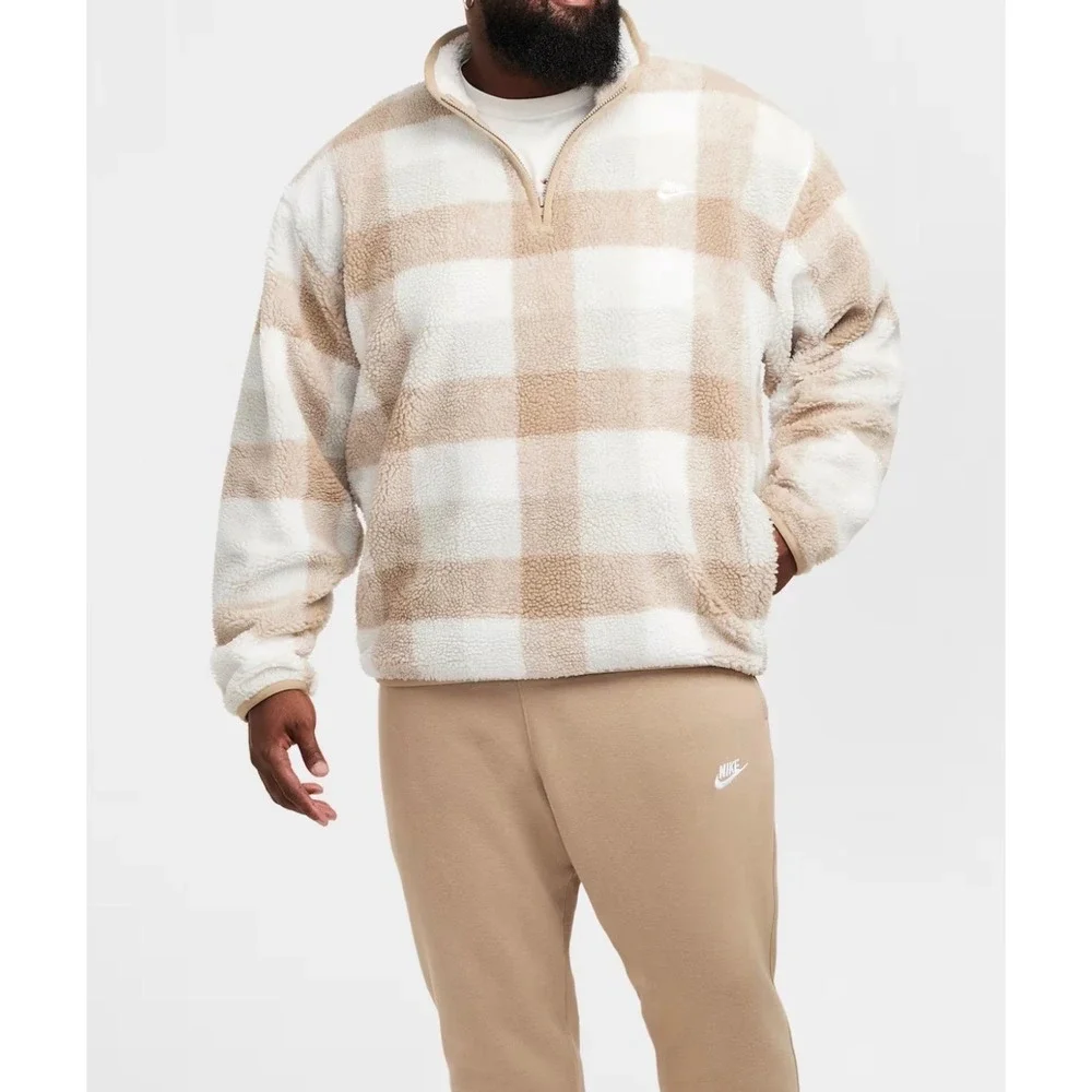 Nike Mens Sportswear Club Fleece Plaid Quarter Zip Pullover Khaki Large NEW